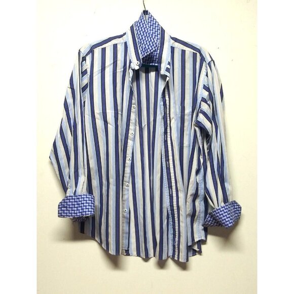 BUGATCHI UOMO Shirt Sz M Striped Flip Cuffs geometric print blue white LS Cotton - Picture 10 of 10